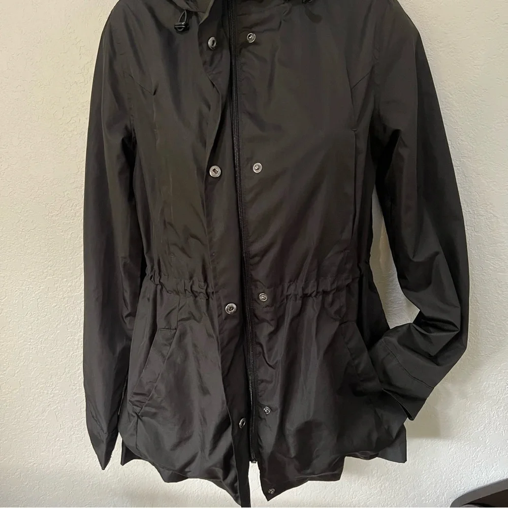 A New Day black mid length zipper snap hoodie windbreaker pockets cinch waist XS